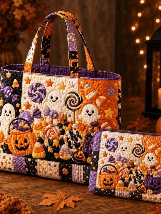 kristine’s closet Handbags - Quilted Halloween Tote & Cosmetic Bag in Halloween Colors | Orange & Purple